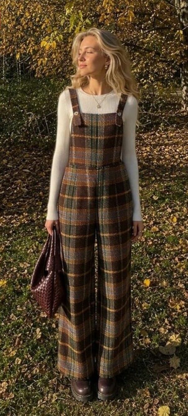CIDER Brown Tweed Plaid Wide-Leg Bib Jumpsuit Overalls Romper XL Clueless Pocket